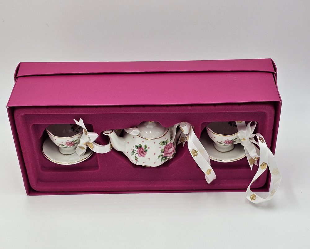 Royal Albert Cheeky Pink Mini Teapot Teacup Saucer Set of 3 Ornaments NIB